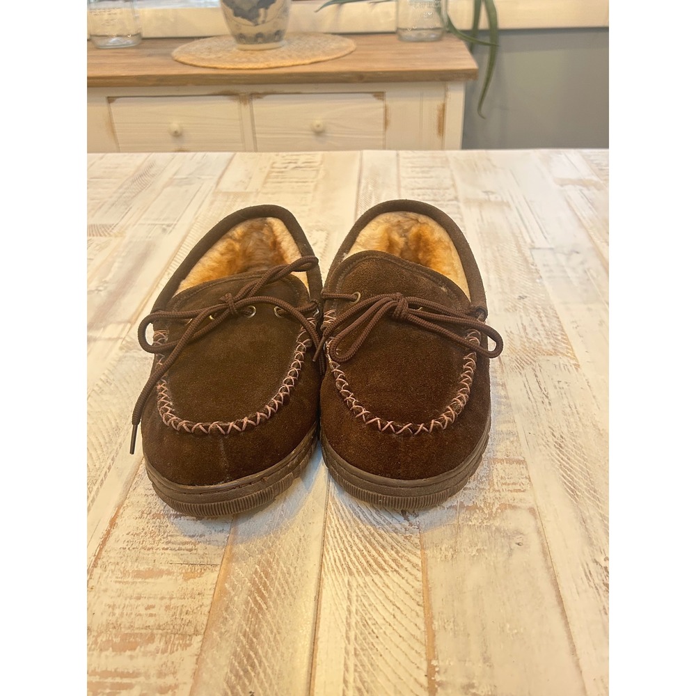 RJS Fuzzies Mens Brown Suede Sheepskin Lined Moccasin Slippers Size 9‎ M9